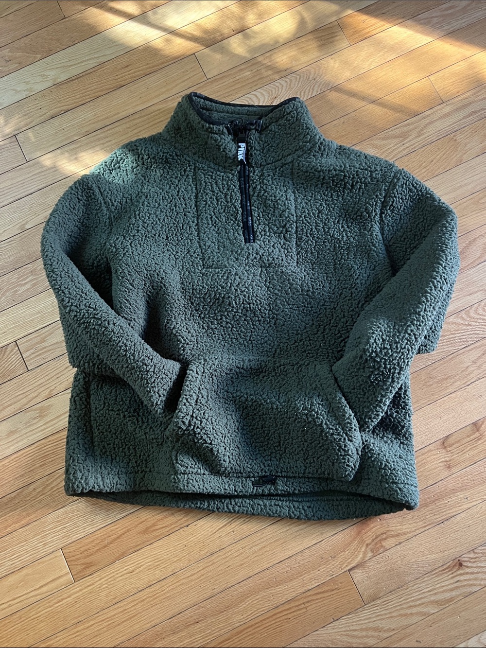 PINK Victoria's Secret Olive Green Sherpa Half-Zip Pullover